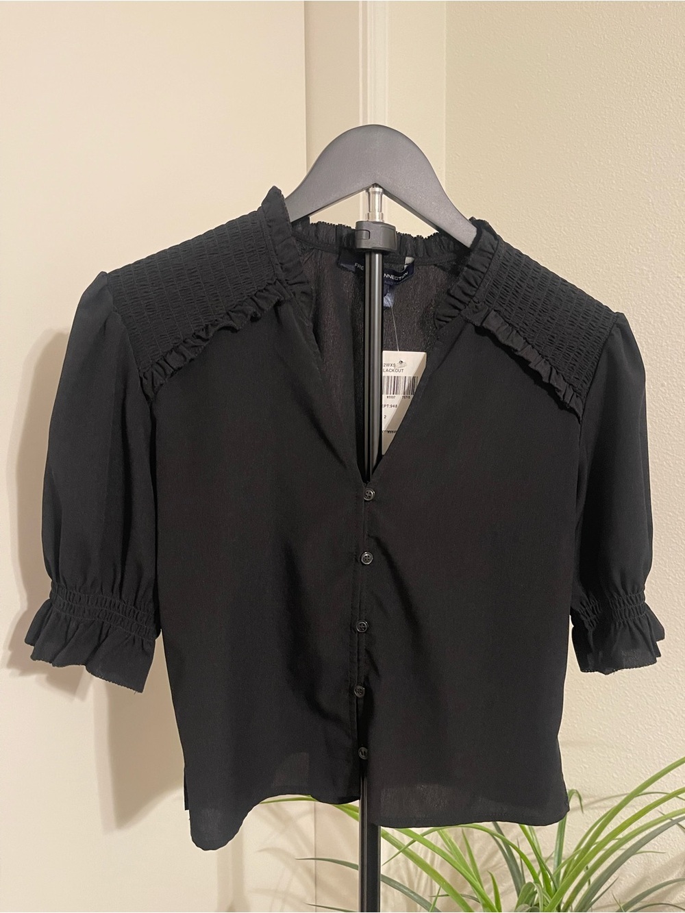 French Connection Black Smocked-Yoke Ruffle Blouse